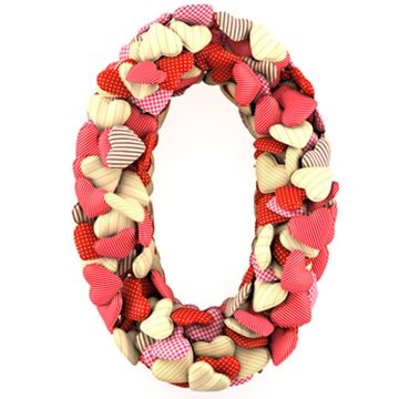 Number Zero, made from soft cushions in the shape of Hearts. Isolated on white
